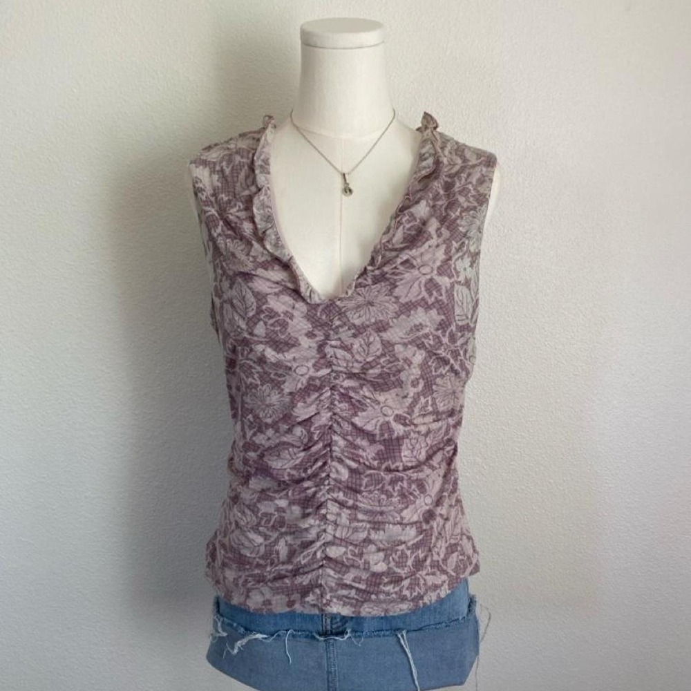 Y2K Apostrophe Ruffled Mesh Floral Sleeveless V Neck Blouse Fairycore - Picture 4 of 6